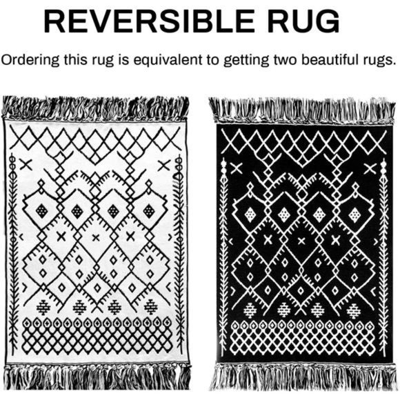 Upgraded Boho Bathroom Rug 2'x3',100% Woven Boho Rug for Bedroom Black White Rug - Picture 3 of 5